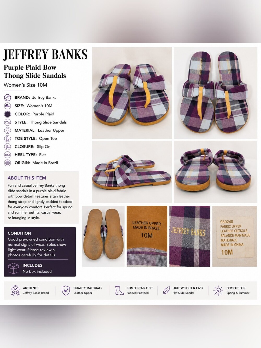 Jeffrey Banks Purple Plaid Bow Thong Sandals Women’s Size 10M